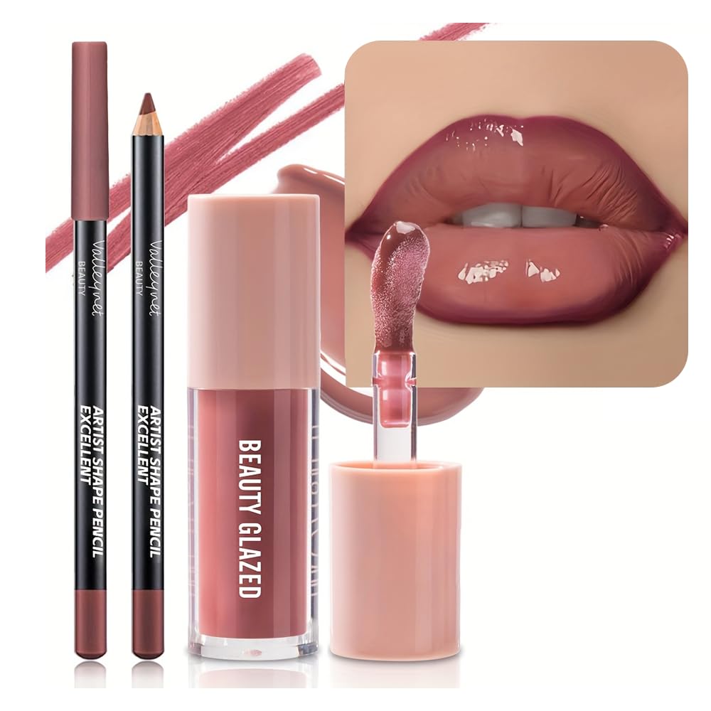 2Pcs/Set Mocha Brown Lip Liner and Nude Gloss Duo – 2PCS 90s Overline Lip Combo Set for Fuller Looking Lips, Deep Sculpting Contour Pencil & High Shine Hydrating Glass Gloss, Non-Sticky Volume Lip Kit