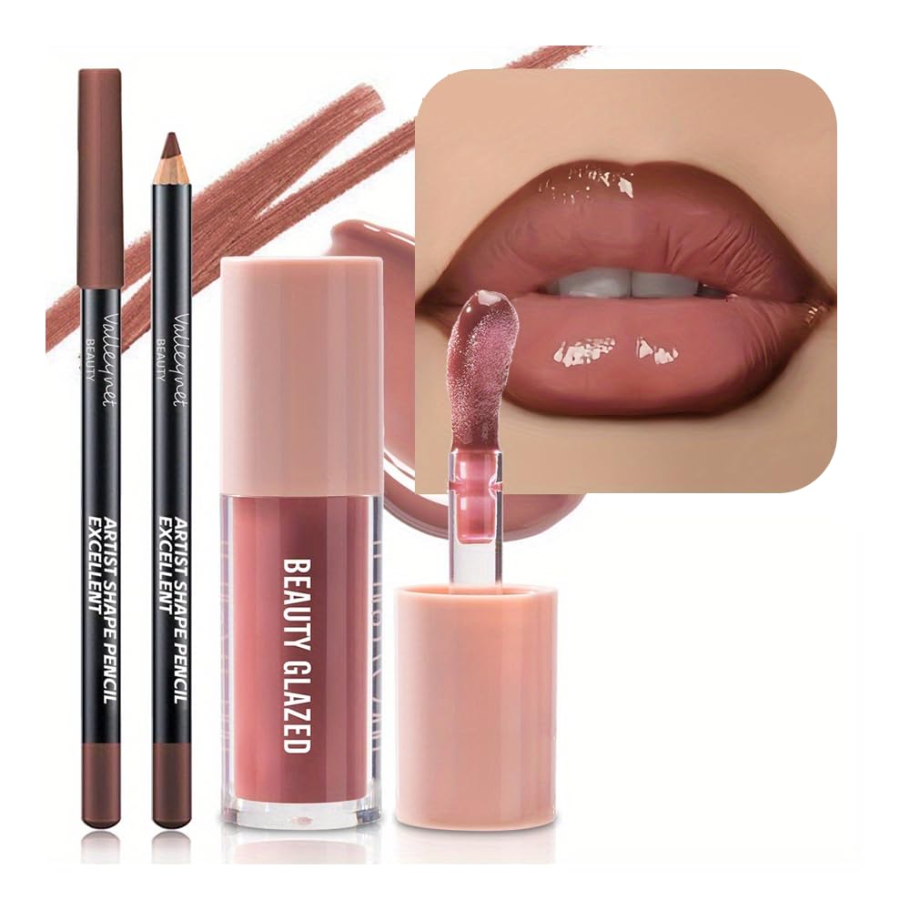 2Pcs/Set Mocha Brown Lip Liner and Nude Gloss Duo – 2PCS 90s Overline Lip Combo Set for Fuller Looking Lips, Deep Sculpting Contour Pencil & High Shine Hydrating Glass Gloss, Non-Sticky Volume Lip Kit