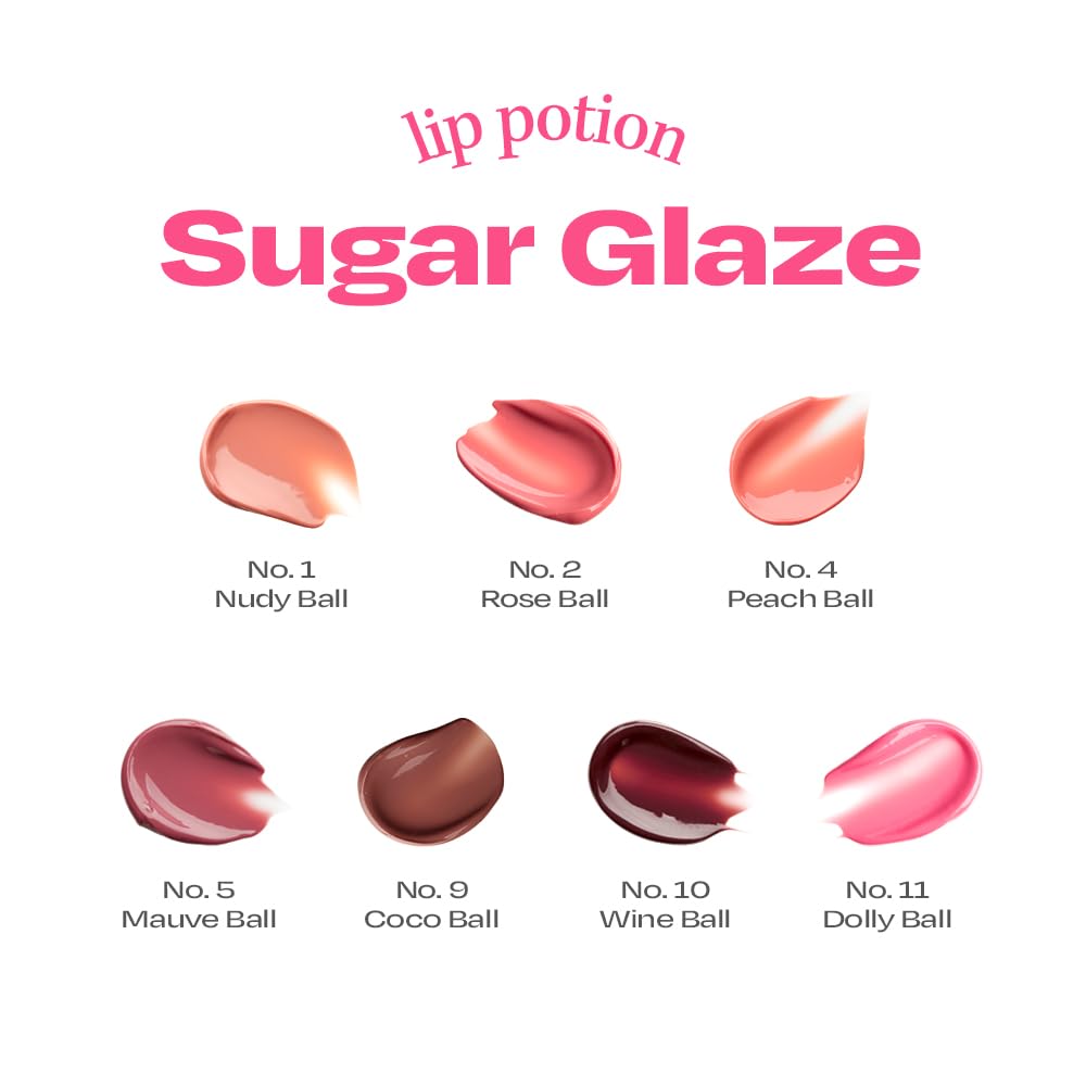 Lip Potion Sugar Glaze Tint | K-Beauty High-Shine & Long-Lasting Lip Tint | Hydrating, Non-Sticky Glossy Finish | 7 Shades | 0.3 Oz (No.2 Rose Ball)