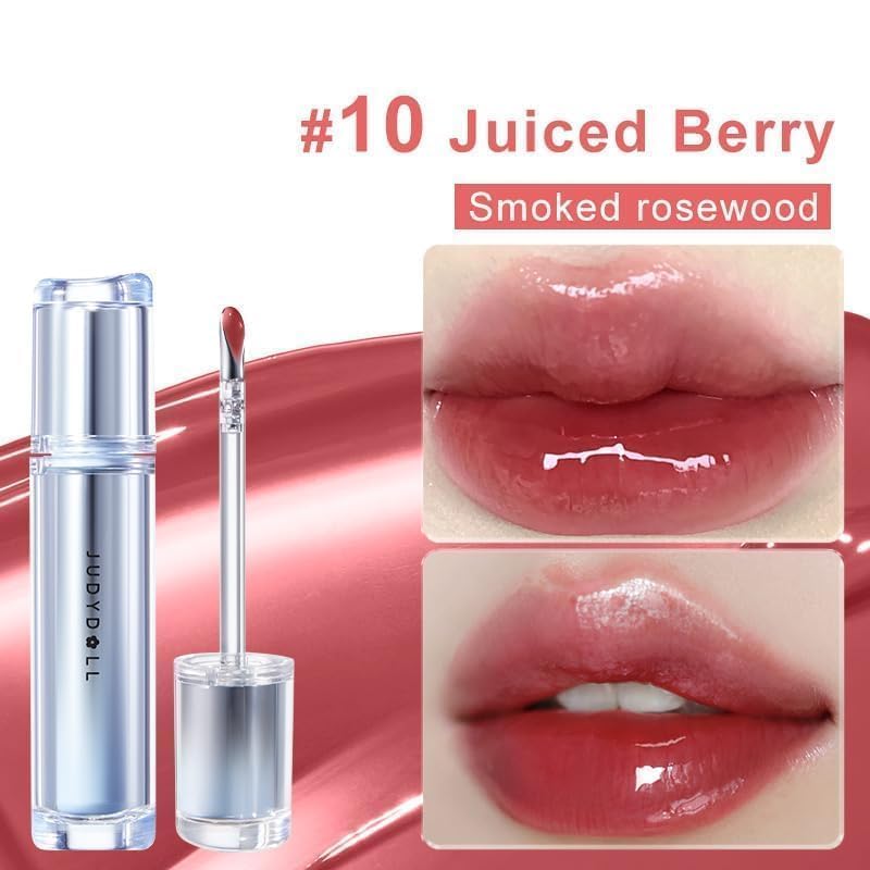 JUDYDOLL Ice Watery Lip Gloss, Moisturizing Liquid Lipstick with Hyaluronic Acid & Collagen,Long-lasting Mirror Lip Glazes with Iron Applicator(#10 Juiced Berry)