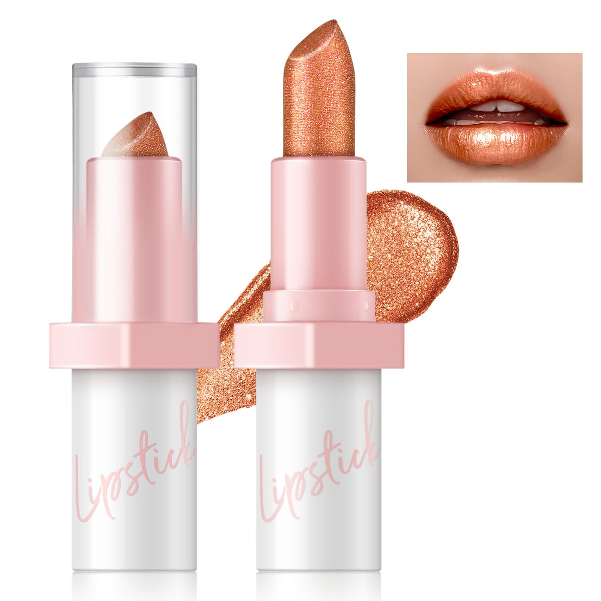 HOSAILY Metallic Pink Frost Glitter Lipstick for Women, Long Lasting High Shine Diamond Creamy Nude Light Pink Lipstick Transfer Proof,Shimmer High Impact Full Coverage Non Stick Cup Lip Makeup#1