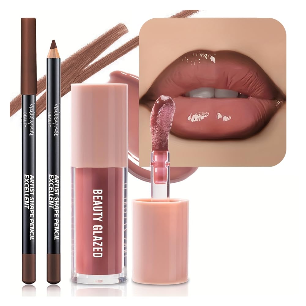 2Pcs/Set Mocha Brown Lip Liner and Nude Gloss Duo – 2PCS 90s Overline Lip Combo Set for Fuller Looking Lips, Deep Sculpting Contour Pencil & High Shine Hydrating Glass Gloss, Non-Sticky Volume Lip Kit