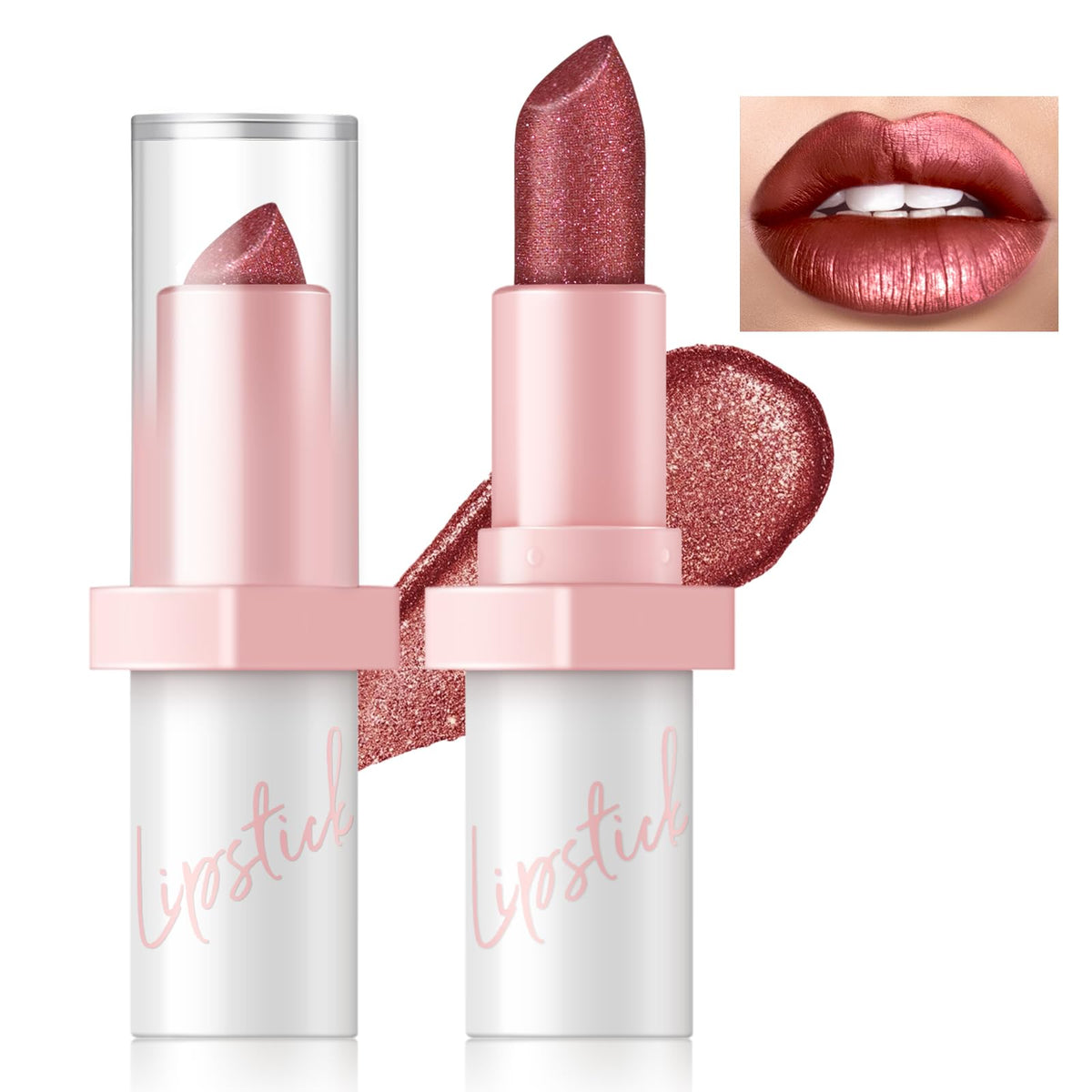 HOSAILY Metallic Pink Frost Glitter Lipstick for Women, Long Lasting High Shine Diamond Creamy Nude Light Pink Lipstick Transfer Proof,Shimmer High Impact Full Coverage Non Stick Cup Lip Makeup#1
