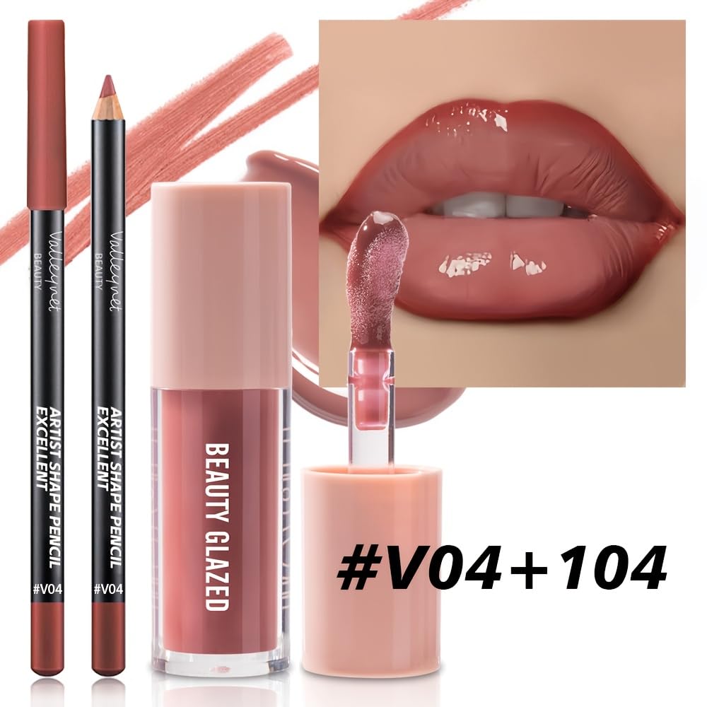 2Pcs/Set Mocha Brown Lip Liner and Nude Gloss Duo – 2PCS 90s Overline Lip Combo Set for Fuller Looking Lips, Deep Sculpting Contour Pencil & High Shine Hydrating Glass Gloss, Non-Sticky Volume Lip Kit