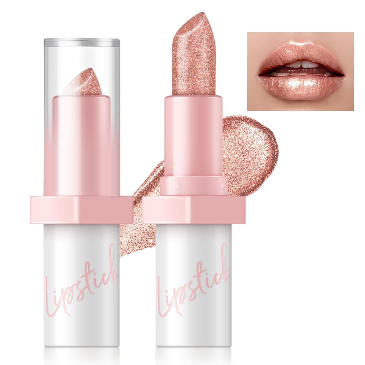 HOSAILY Metallic Pink Frost Glitter Lipstick for Women, Long Lasting High Shine Diamond Creamy Nude Light Pink Lipstick Transfer Proof,Shimmer High Impact Full Coverage Non Stick Cup Lip Makeup#1