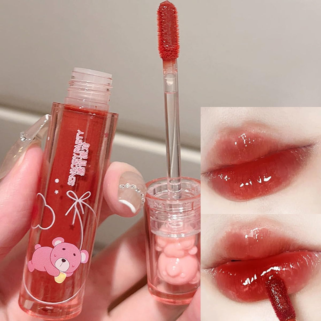 6 Colors Bear Lip Gloss,Jelly Lip Glaze,Cute Liquid Lipstick Bear Lip Stain Watery Lipgloss Plumping Lip Tint Moisturizing Waterproof Long Lasting for Lip and Cheek
