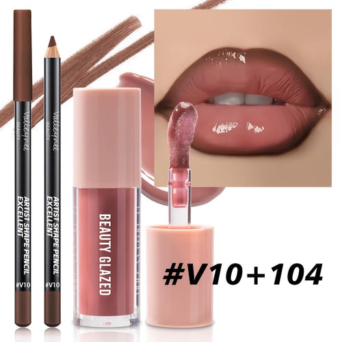 2Pcs/Set Mocha Brown Lip Liner and Nude Gloss Duo – 2PCS 90s Overline Lip Combo Set for Fuller Looking Lips, Deep Sculpting Contour Pencil & High Shine Hydrating Glass Gloss, Non-Sticky Volume Lip Kit