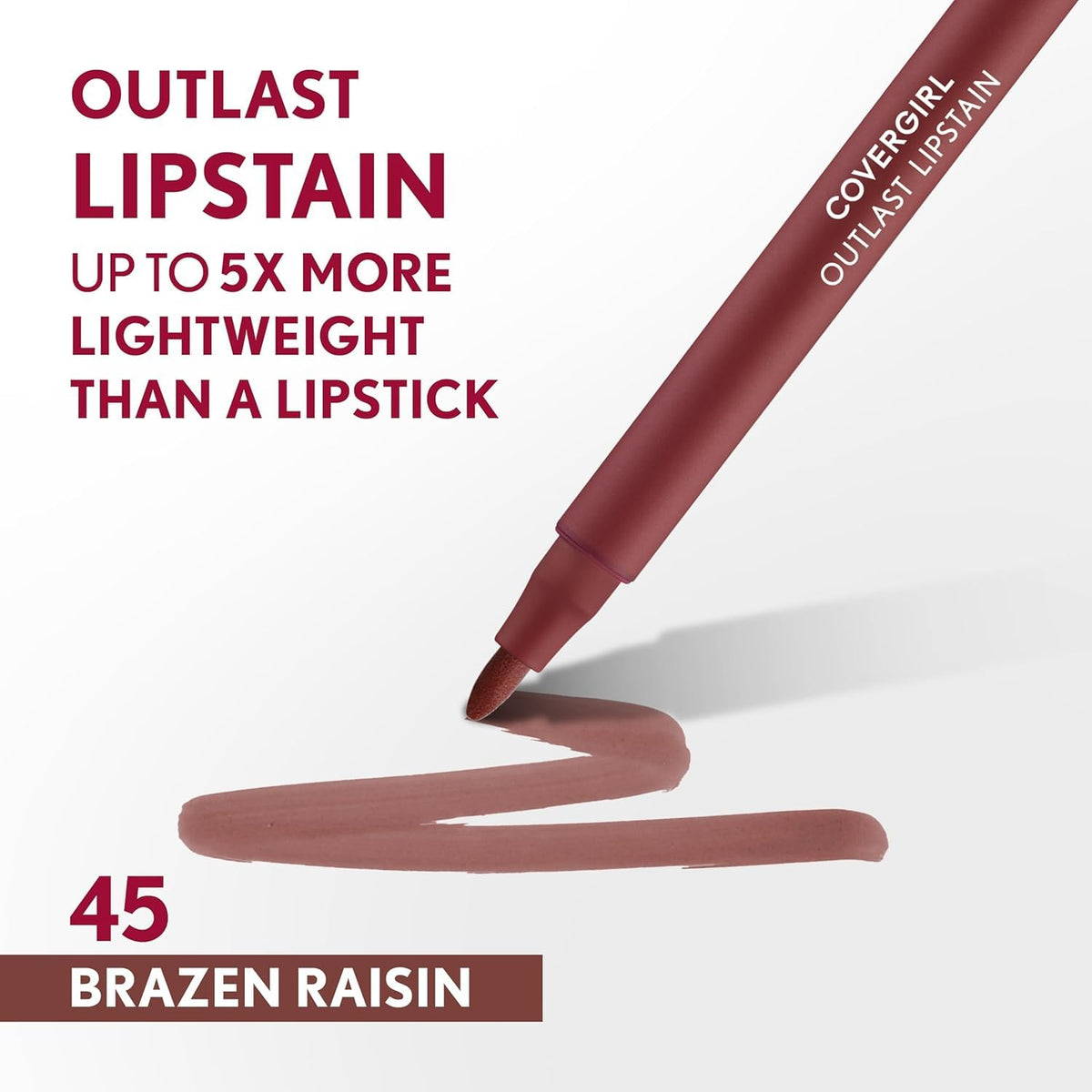 Covergirl Outlast Lipstain, 45 Brazen Raisin, Smooth Application, Precise Pen-Like Tip, Transfer-Proof, Satin Stained Finish, Vegan Formula, 0.06oz