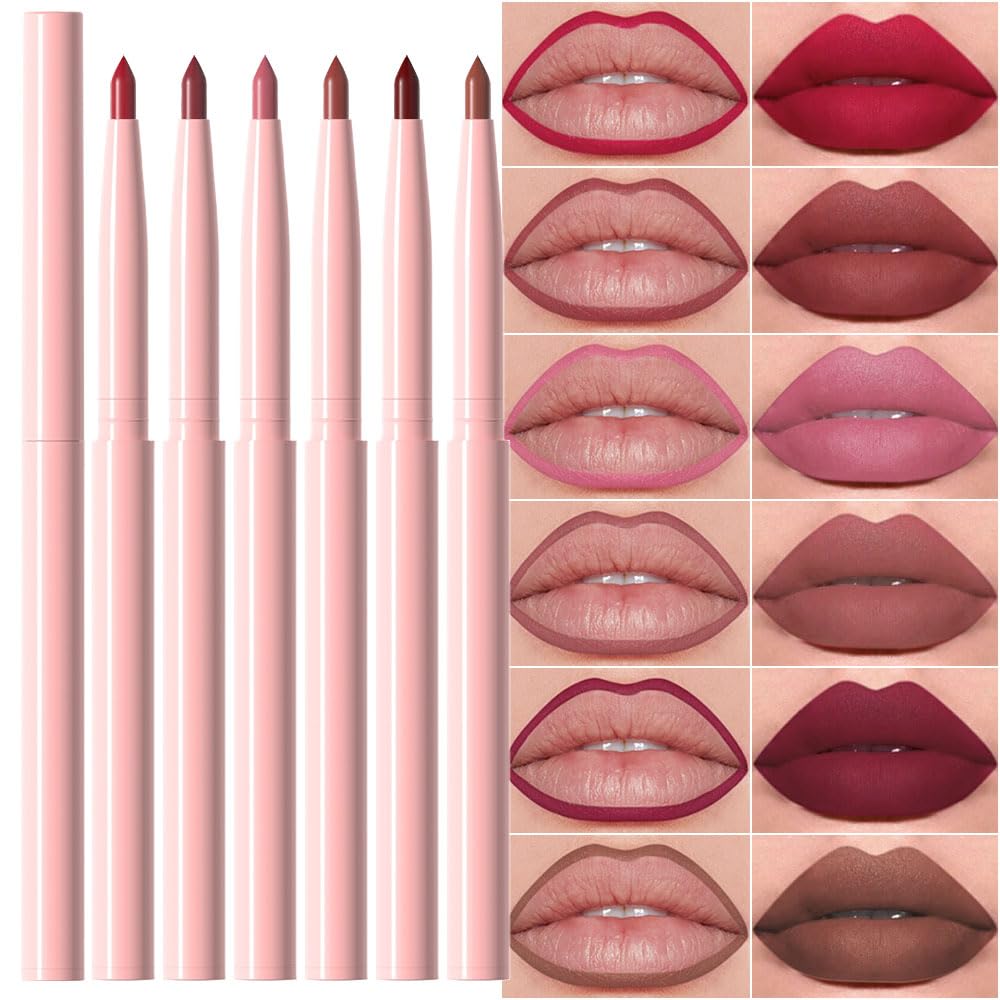evpct 6Pcs Retractable Lip Liner Pencils Set Pack for Shaping & Sculpting Lips, Mauve Maroon Red Orange Nude Chocolate Dark Brown Plum Creamy Matte Gel Lip Liner Lipliners Pencil delineador de labios