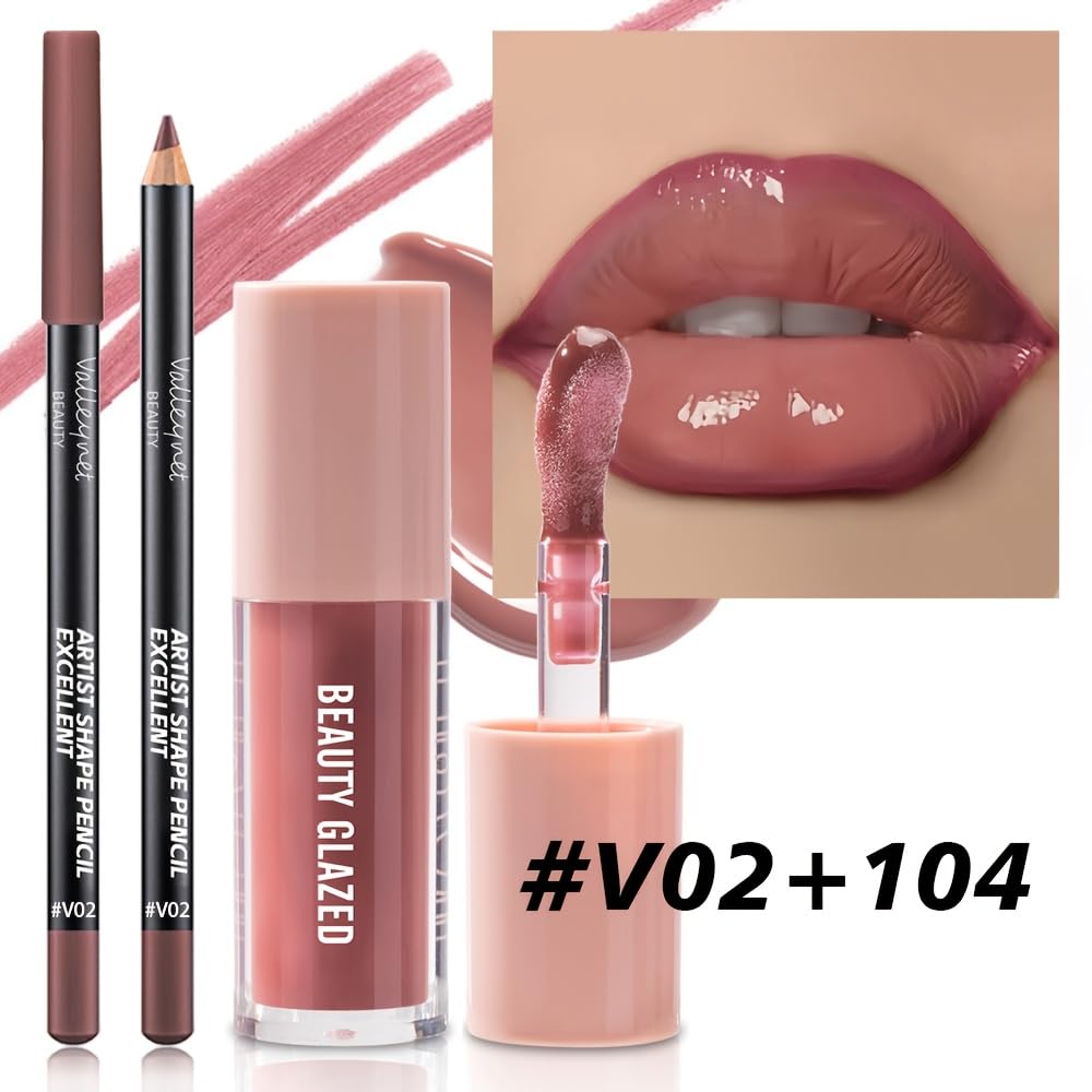 2Pcs/Set Mocha Brown Lip Liner and Nude Gloss Duo – 2PCS 90s Overline Lip Combo Set for Fuller Looking Lips, Deep Sculpting Contour Pencil & High Shine Hydrating Glass Gloss, Non-Sticky Volume Lip Kit