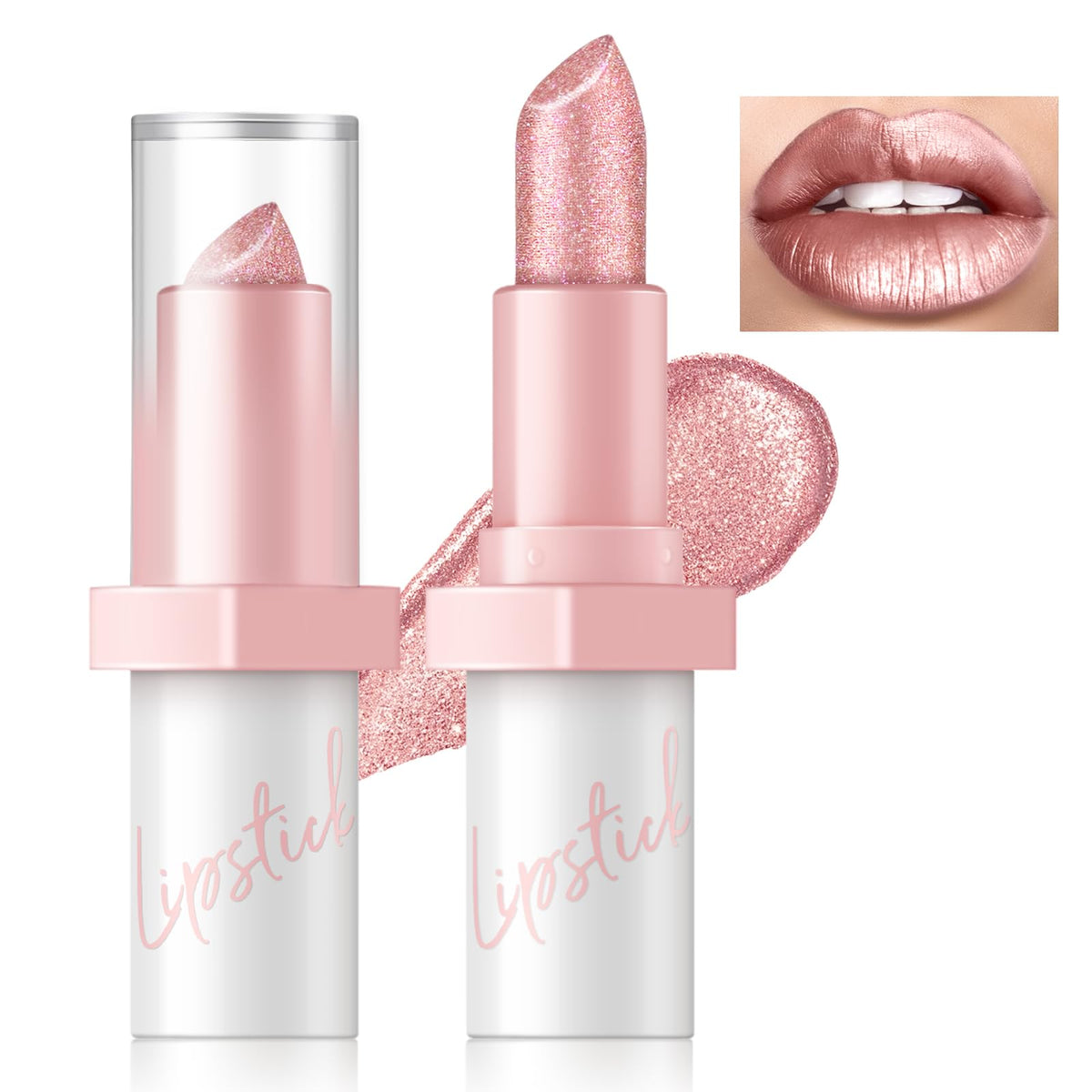 HOSAILY Metallic Pink Frost Glitter Lipstick for Women, Long Lasting High Shine Diamond Creamy Nude Light Pink Lipstick Transfer Proof,Shimmer High Impact Full Coverage Non Stick Cup Lip Makeup#1