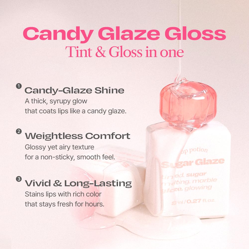 Lip Potion Sugar Glaze Tint | K-Beauty High-Shine & Long-Lasting Lip Tint | Hydrating, Non-Sticky Glossy Finish | 7 Shades | 0.3 Oz (No.2 Rose Ball)