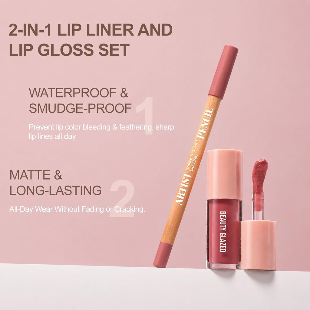 Nude Pink－Rosy Lip Liner Set with Glossy Lip Glaze, Lip Combo Kit with Natural Shades, Matte Lip Liner Pencil, High Pigment, Waterproof, Long Lasting, Moisturizing, Smooth for Lip Contouring