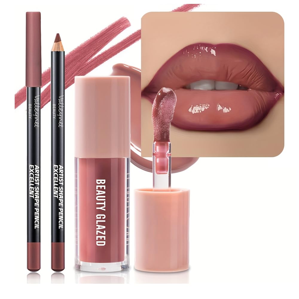 2Pcs/Set Mocha Brown Lip Liner and Nude Gloss Duo – 2PCS 90s Overline Lip Combo Set for Fuller Looking Lips, Deep Sculpting Contour Pencil & High Shine Hydrating Glass Gloss, Non-Sticky Volume Lip Kit