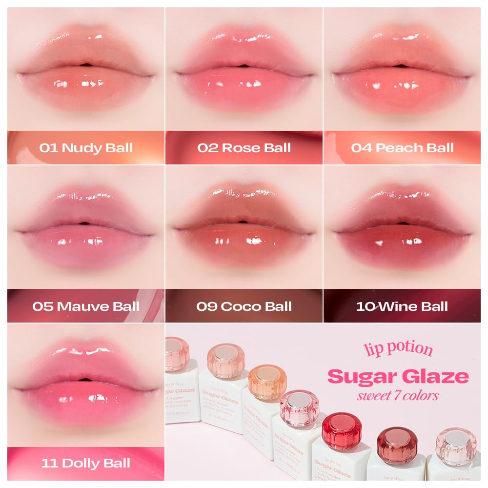 Lip Potion Sugar Glaze Tint | K-Beauty High-Shine & Long-Lasting Lip Tint | Hydrating, Non-Sticky Glossy Finish | 7 Shades | 0.3 Oz (No.2 Rose Ball)
