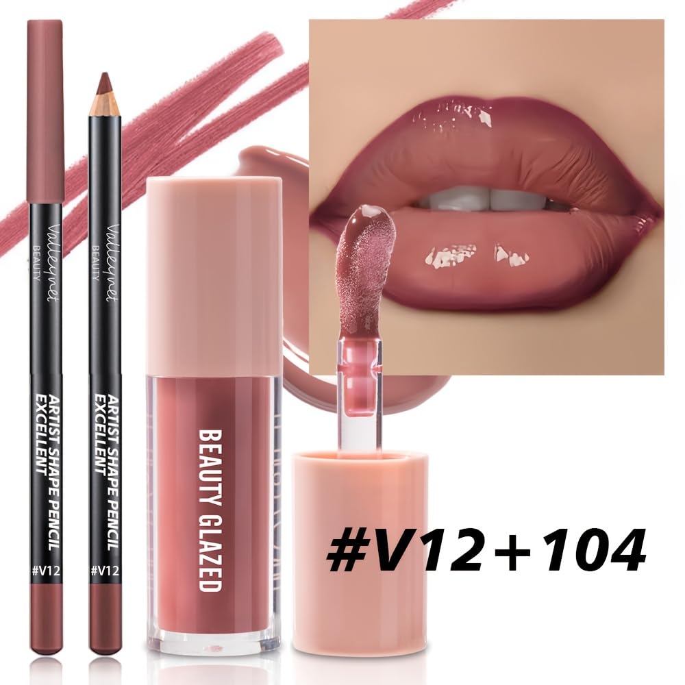 2Pcs/Set Mocha Brown Lip Liner and Nude Gloss Duo – 2PCS 90s Overline Lip Combo Set for Fuller Looking Lips, Deep Sculpting Contour Pencil & High Shine Hydrating Glass Gloss, Non-Sticky Volume Lip Kit