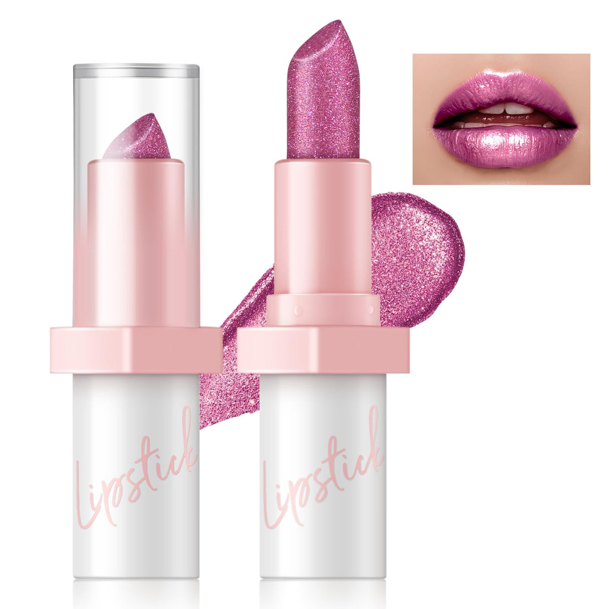 HOSAILY Metallic Pink Frost Glitter Lipstick for Women, Long Lasting High Shine Diamond Creamy Nude Light Pink Lipstick Transfer Proof,Shimmer High Impact Full Coverage Non Stick Cup Lip Makeup#1