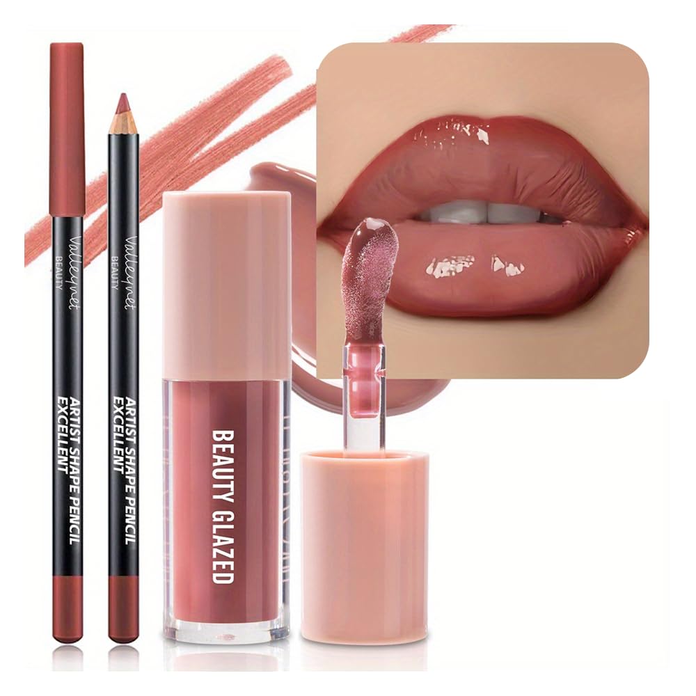 2Pcs/Set Mocha Brown Lip Liner and Nude Gloss Duo – 2PCS 90s Overline Lip Combo Set for Fuller Looking Lips, Deep Sculpting Contour Pencil & High Shine Hydrating Glass Gloss, Non-Sticky Volume Lip Kit