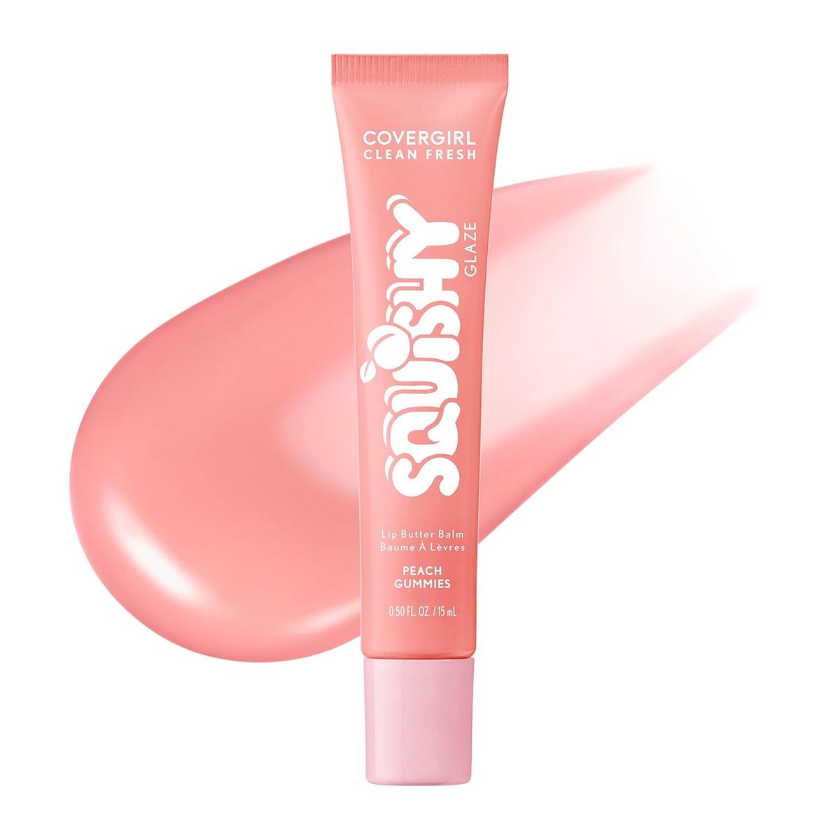 COVERGIRL Clean Fresh Squishy Glaze™ Lip Butter Balm, Flavored, Non-Sticky, with Vitamin E & Shea Butter – 180 Peach Gummies (Sheer Peach Pink)