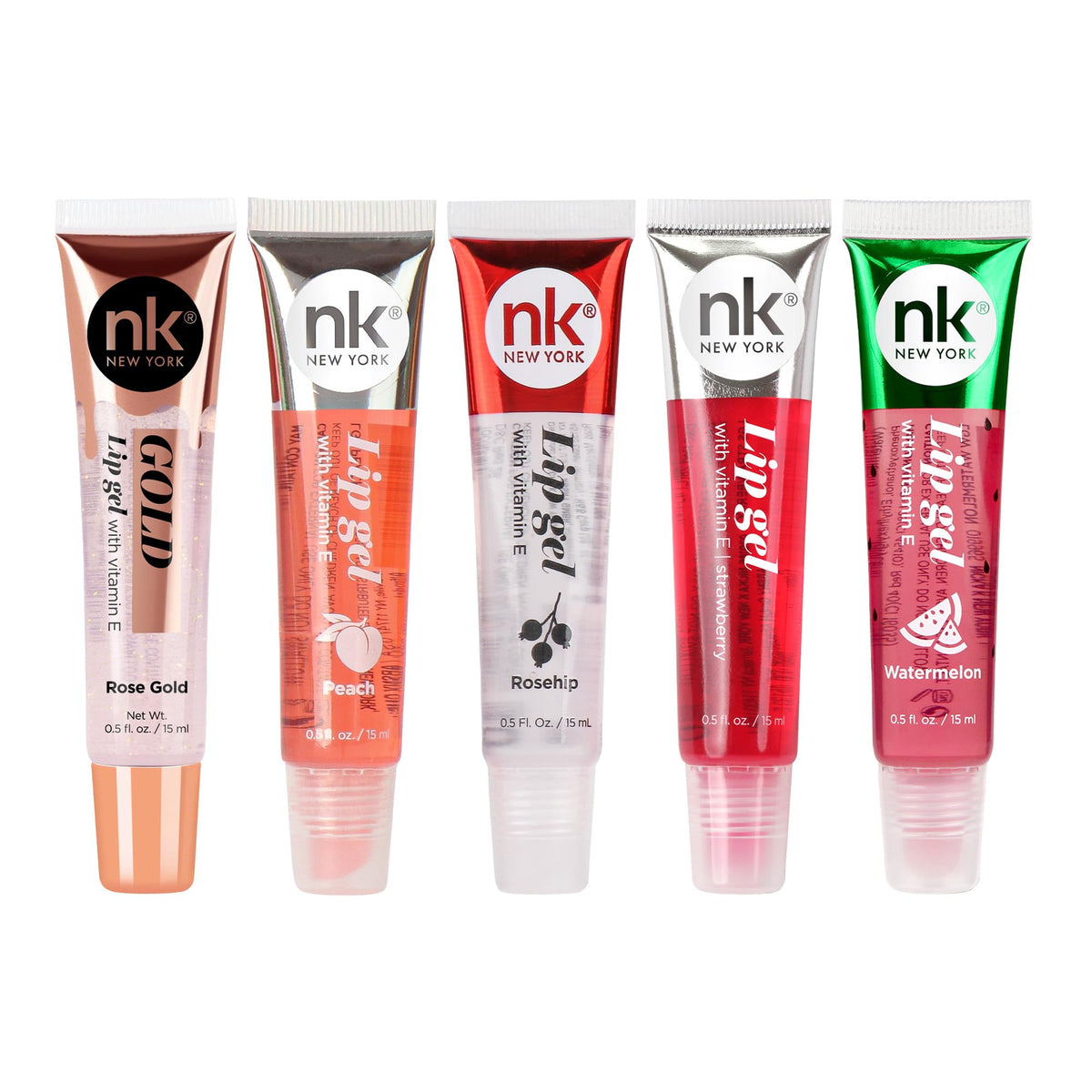 NICKA K NEW YORK, Hydrating Lip Gel Set, Assorted, Vitamin E, 5-Pack