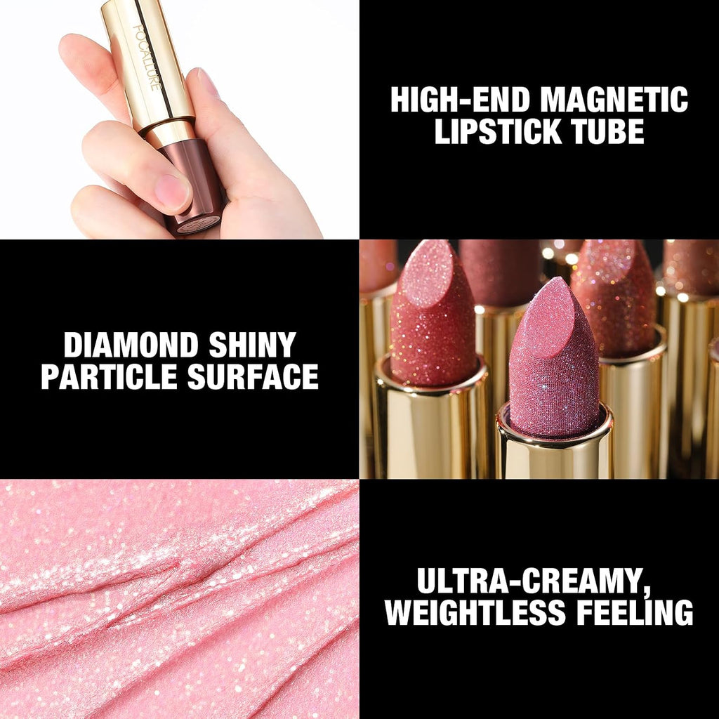 FOCALLURE Metallic Lipstick - Sparkle Glitter Finish, High Pigment Nude