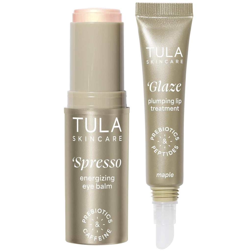 TULA Skin Care Eye + Lip Duo - Spresso Energizing Eye Balm 0.35 oz + Glaze Plumping Lip Treatment 0.28 oz, 2-Piece Holiday Kit