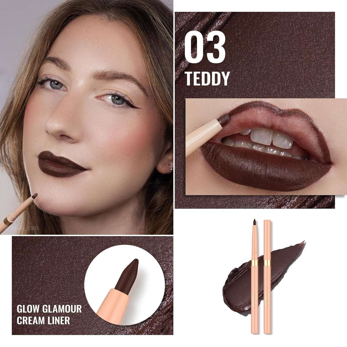 Oulac Brown Lip Liner Pencil, 2in1 Retractable Makup Crayon for Lipliner and Eyeliner, Highly Pigmented, Smooth, Long Lasting and Waterproof Formula, Vegan Beauty, 03 Teddy
