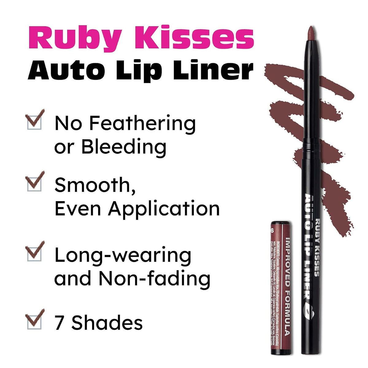 Ruby Kisses Auto Lip Liner Pencil (Cocoa 3 Pack), Long Lasting & Non-Fading, Smooth Application, Non-Feathering with Rich Pigmented Color, No Sharpener Needed, Ideal for Full Lips Look