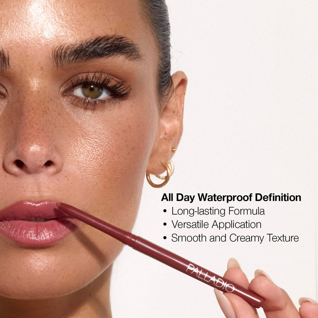 Palladio Retractable Waterproof Lip Liner High Pigmented and Creamy Color Slim Twist Up Smudge Proof Formula with Long Lasting All Day Wear No Sharpener Required, Coffee