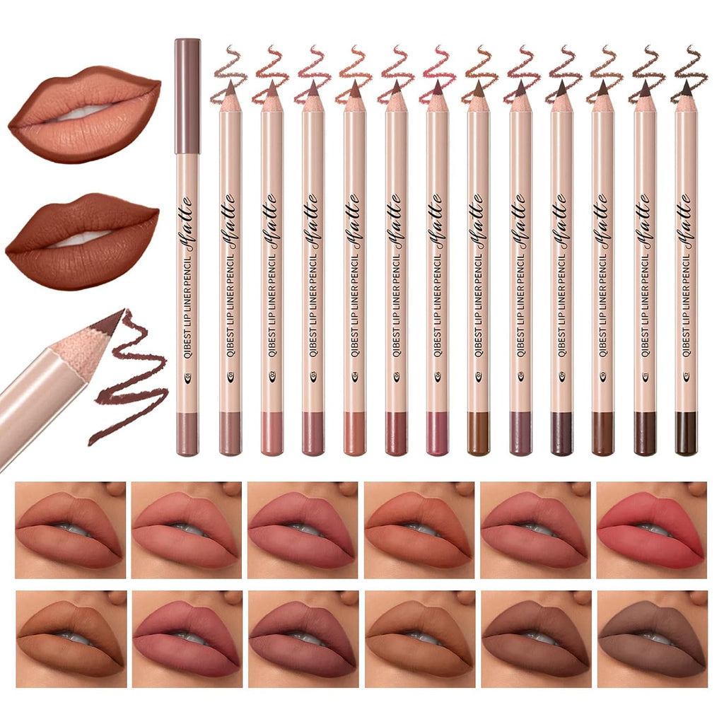 QiBest 12Pcs Creamy Lipstick Lip Liner Set, Pigmented Liner Pencils with Fine Tip for Shaping & Sculpting Lips, Matte Lipliner Lipsticvks Pack Makeup Gift Kit for Women & Girls, Long Lasting for 24hrs