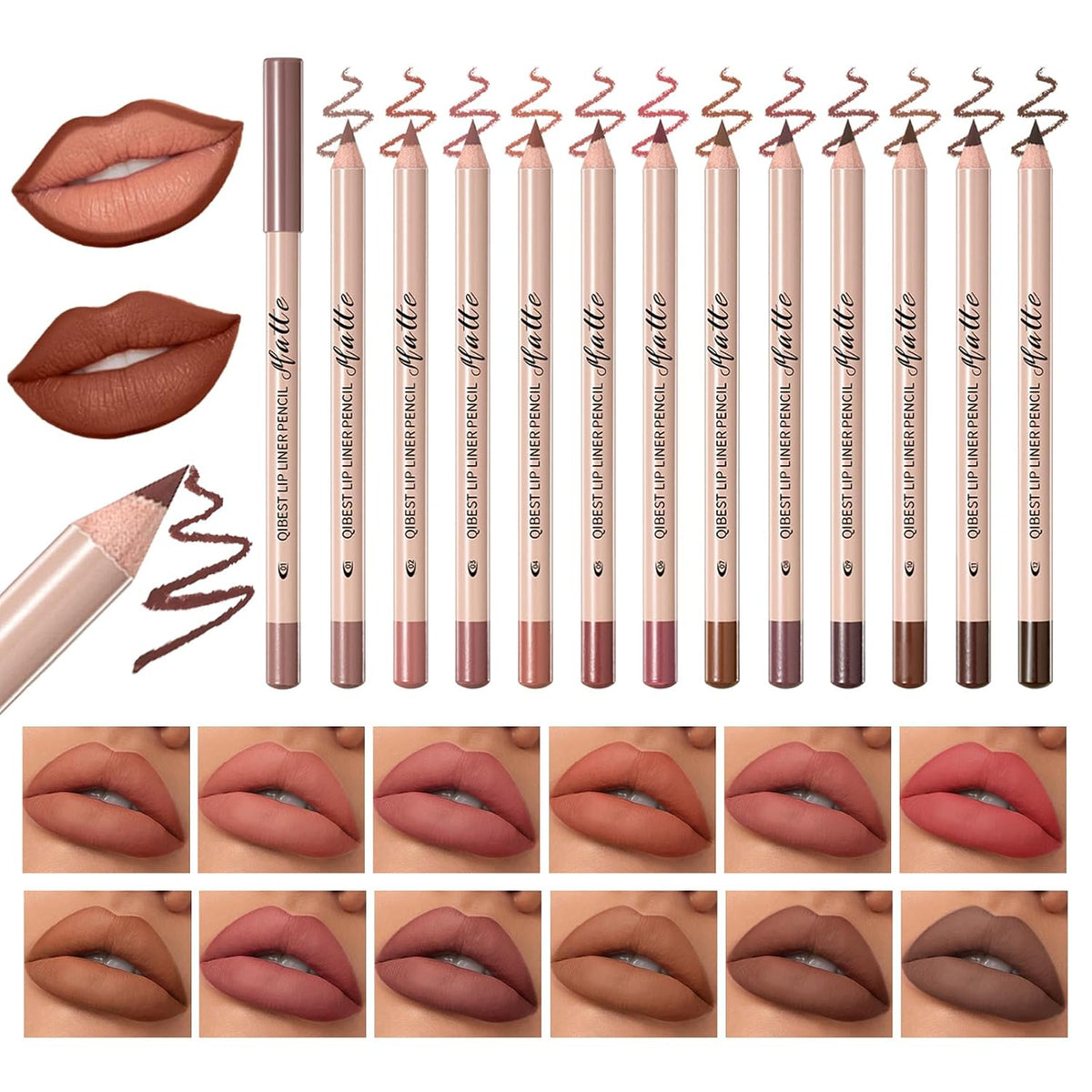 QiBest 12Pcs Creamy Lipstick Lip Liner Set, Pigmented Liner Pencils with Fine Tip for Shaping & Sculpting Lips, Matte Lipliner Lipsticvks Pack Makeup Gift Kit for Women & Girls, Long Lasting for 24hrs