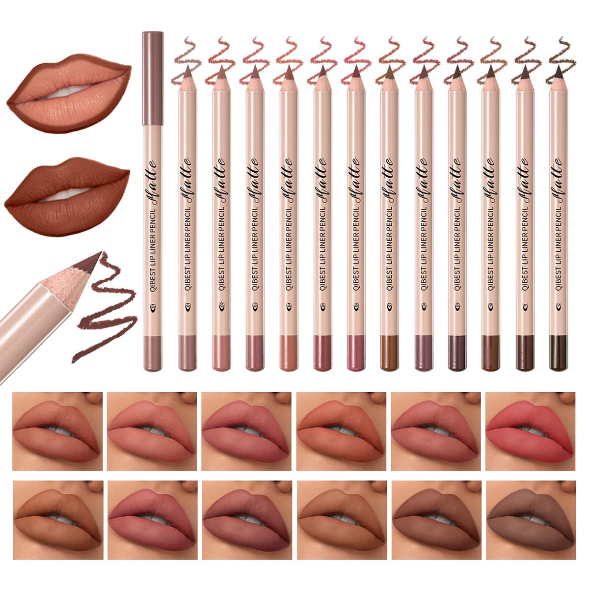 QiBest 12Pcs Creamy Lipstick Lip Liner Set, Pigmented Liner Pencils with Fine Tip for Shaping & Sculpting Lips, Matte Lipliner Lipsticvks Pack Makeup Gift Kit for Women & Girls, Long Lasting for 24hrs