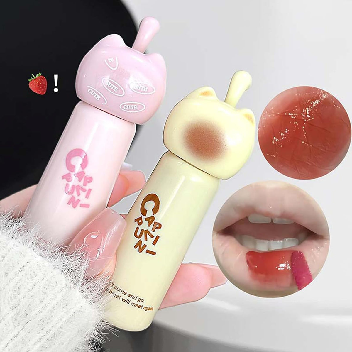 4PCS Cute Cat Jelly Lip Glaze Plumping Lip Gloss, Korean Lip Stain Long Lasting, Non-Sticky, Lip Tint Hydrating Natural Lipstick for Women