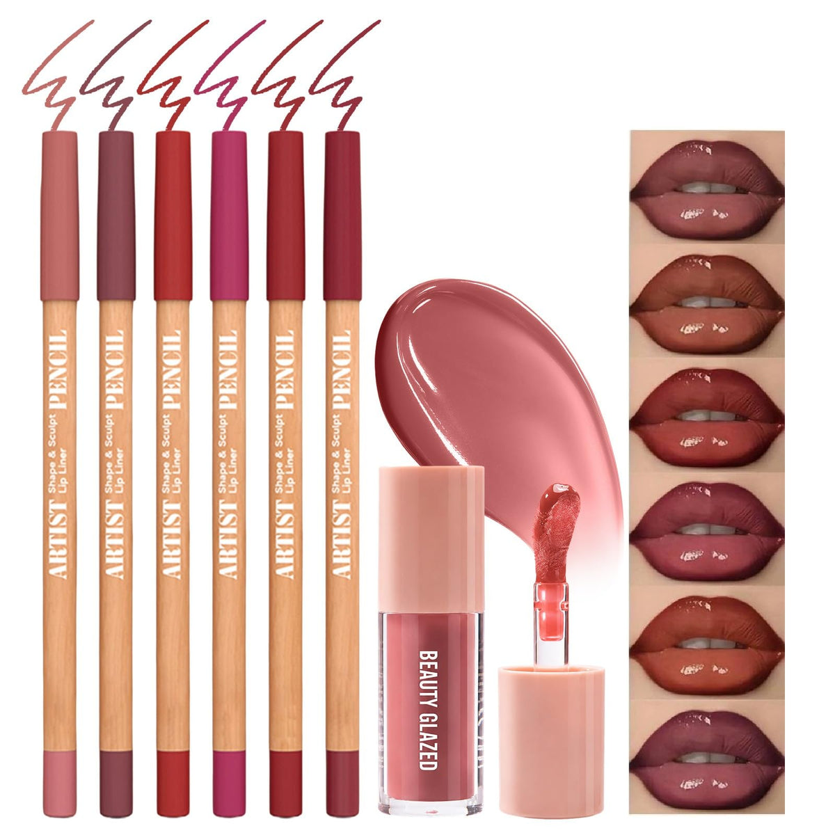 Nude Pink－Rosy Lip Liner Set with Glossy Lip Glaze, Lip Combo Kit with Natural Shades, Matte Lip Liner Pencil, High Pigment, Waterproof, Long Lasting, Moisturizing, Smooth for Lip Contouring