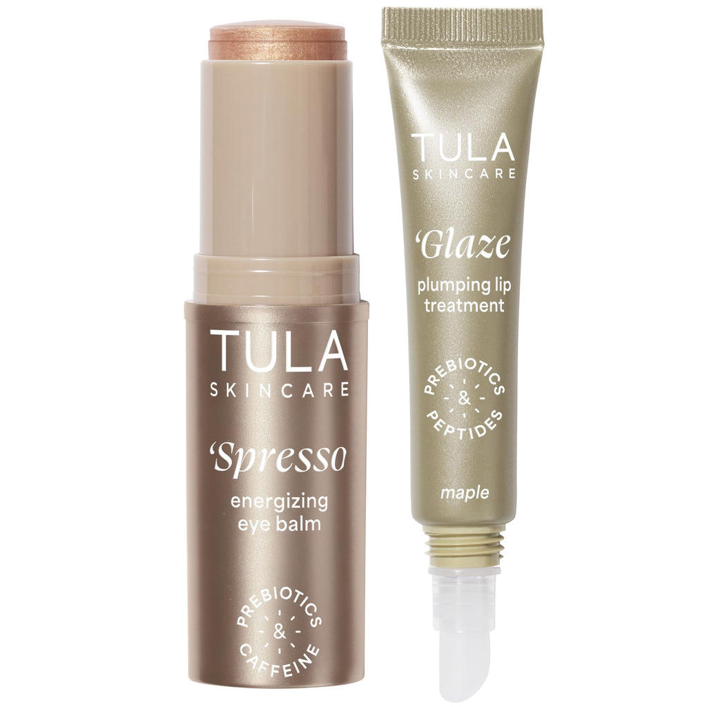 TULA Skin Care Eye + Lip Duo - Spresso Energizing Eye Balm 0.35 oz + Glaze Plumping Lip Treatment 0.28 oz, 2-Piece Holiday Kit