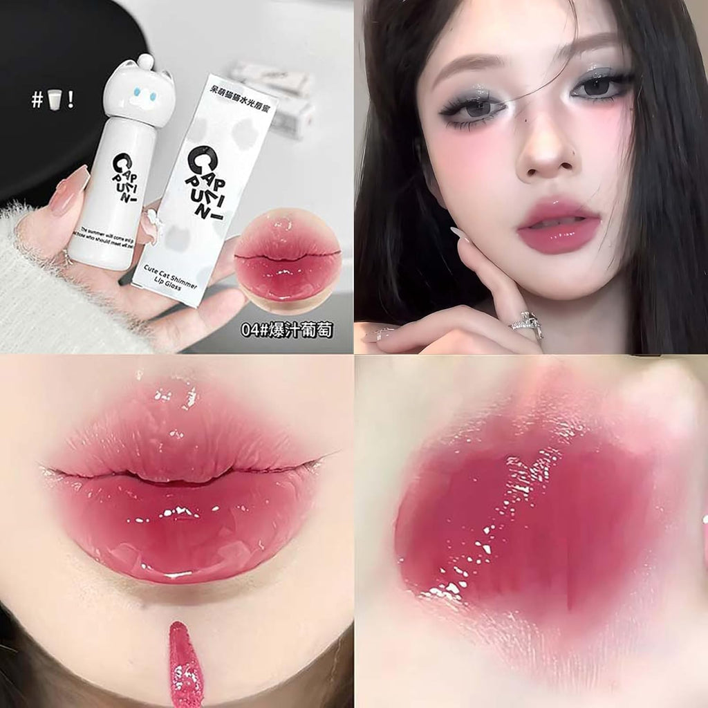 4PCS Cute Cat Jelly Lip Glaze Plumping Lip Gloss, Korean Lip Stain Long Lasting, Non-Sticky, Lip Tint Hydrating Natural Lipstick for Women