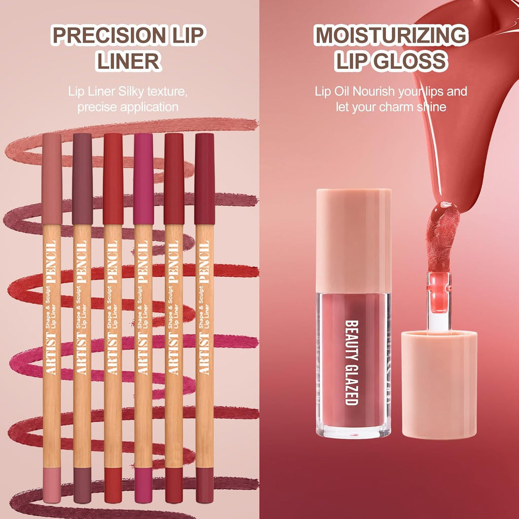 Nude Pink－Rosy Lip Liner Set with Glossy Lip Glaze, Lip Combo Kit with Natural Shades, Matte Lip Liner Pencil, High Pigment, Waterproof, Long Lasting, Moisturizing, Smooth for Lip Contouring