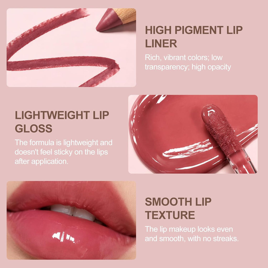 Nude Pink－Rosy Lip Liner Set with Glossy Lip Glaze, Lip Combo Kit with Natural Shades, Matte Lip Liner Pencil, High Pigment, Waterproof, Long Lasting, Moisturizing, Smooth for Lip Contouring