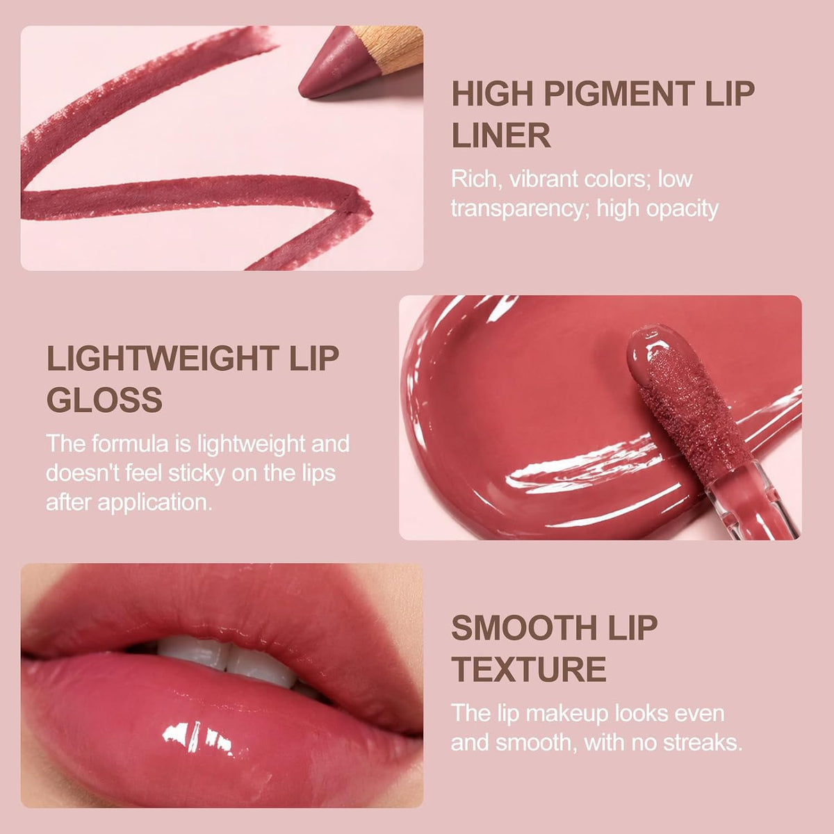 Nude Pink－Rosy Lip Liner Set with Glossy Lip Glaze, Lip Combo Kit with Natural Shades, Matte Lip Liner Pencil, High Pigment, Waterproof, Long Lasting, Moisturizing, Smooth for Lip Contouring