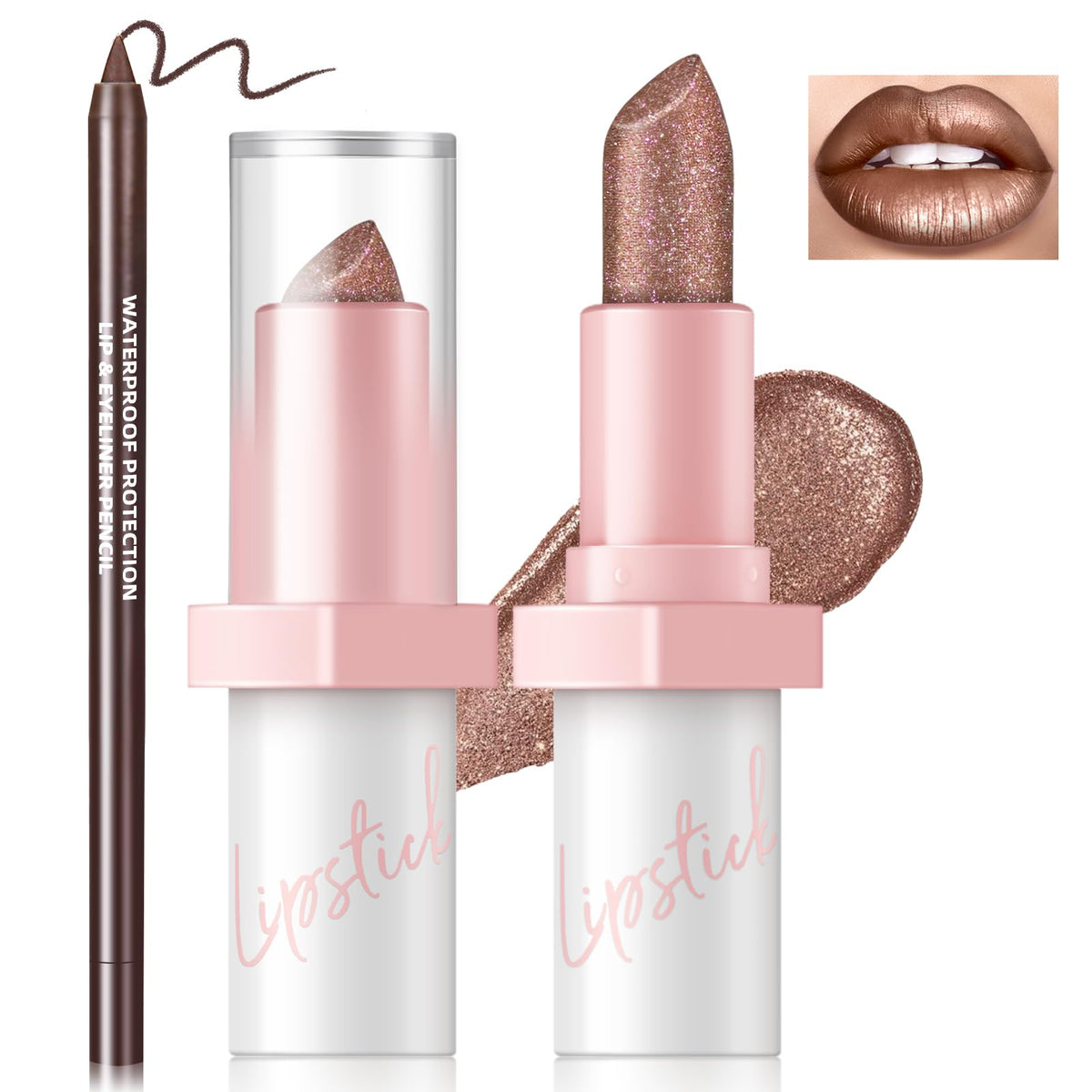 HOSAILY Metallic Pink Frost Glitter Lipstick for Women, Long Lasting High Shine Diamond Creamy Nude Light Pink Lipstick Transfer Proof,Shimmer High Impact Full Coverage Non Stick Cup Lip Makeup#1
