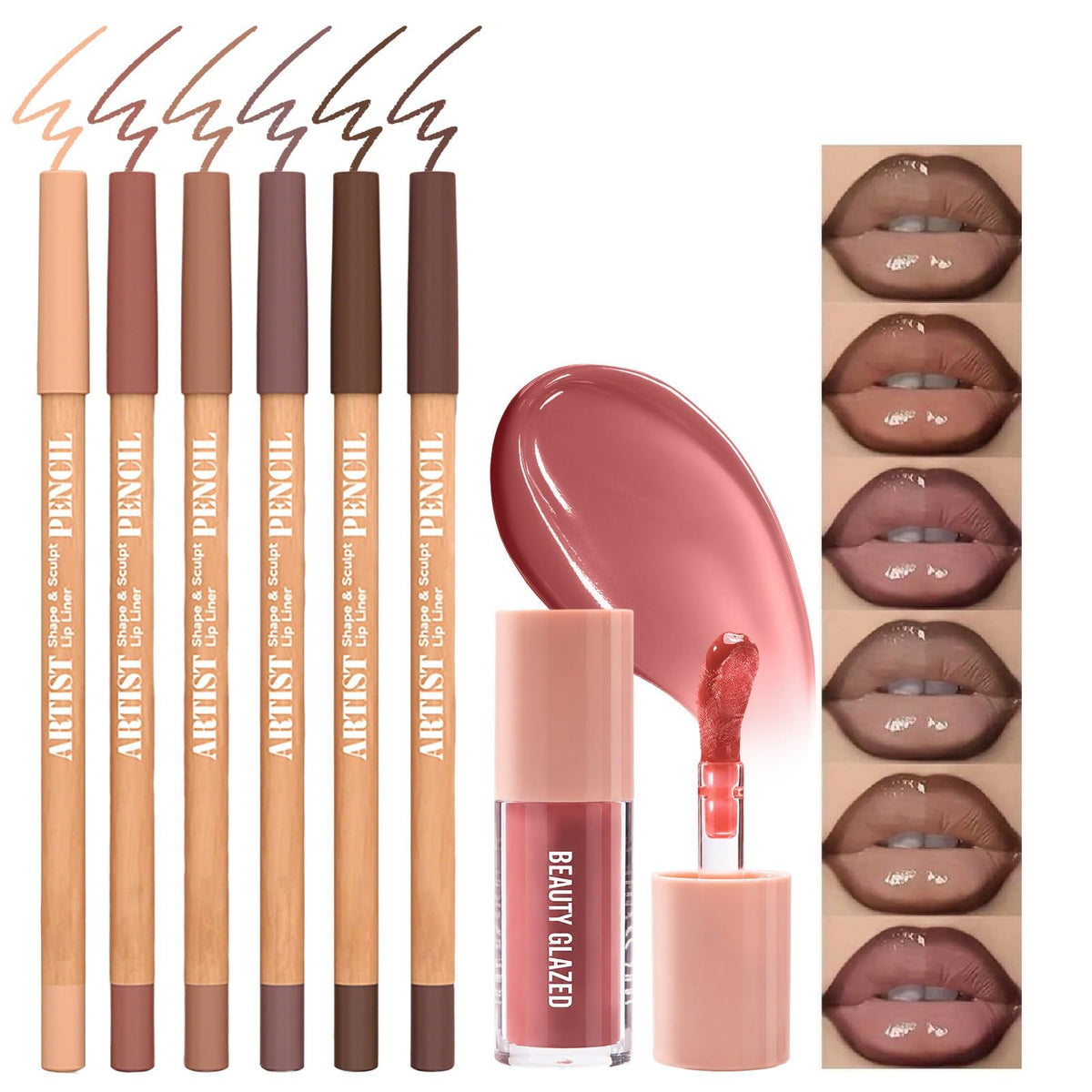 Nude Pink－Rosy Lip Liner Set with Glossy Lip Glaze, Lip Combo Kit with Natural Shades, Matte Lip Liner Pencil, High Pigment, Waterproof, Long Lasting, Moisturizing, Smooth for Lip Contouring