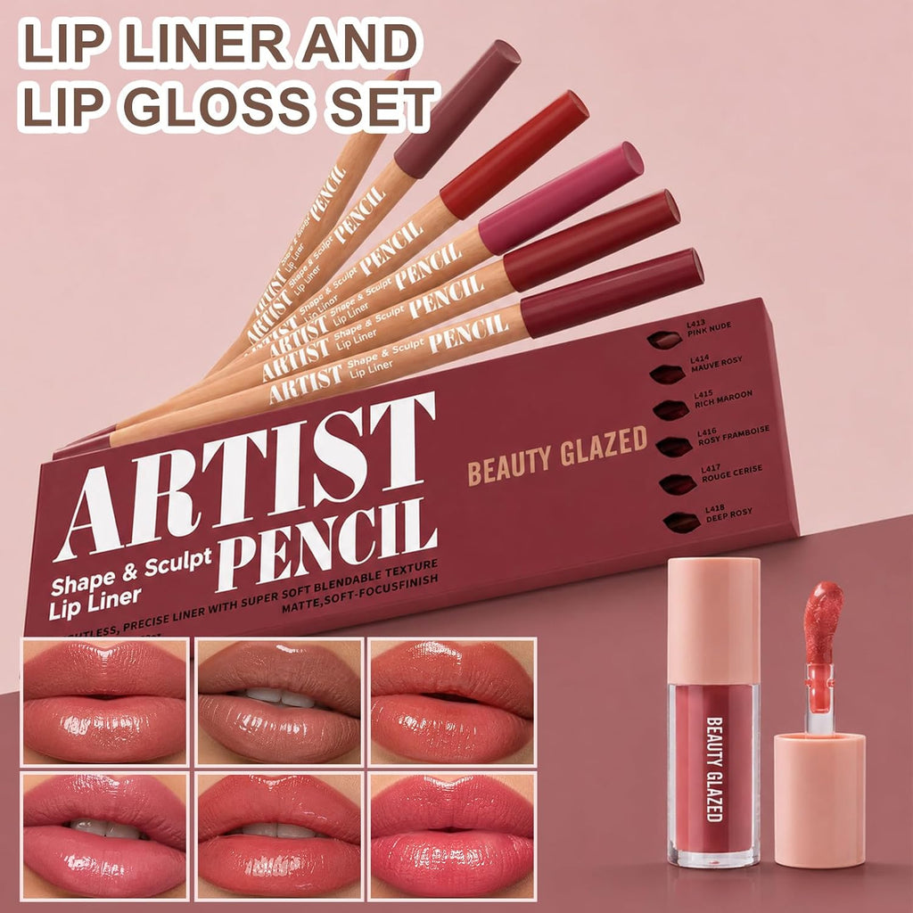 Nude Pink－Rosy Lip Liner Set with Glossy Lip Glaze, Lip Combo Kit with Natural Shades, Matte Lip Liner Pencil, High Pigment, Waterproof, Long Lasting, Moisturizing, Smooth for Lip Contouring