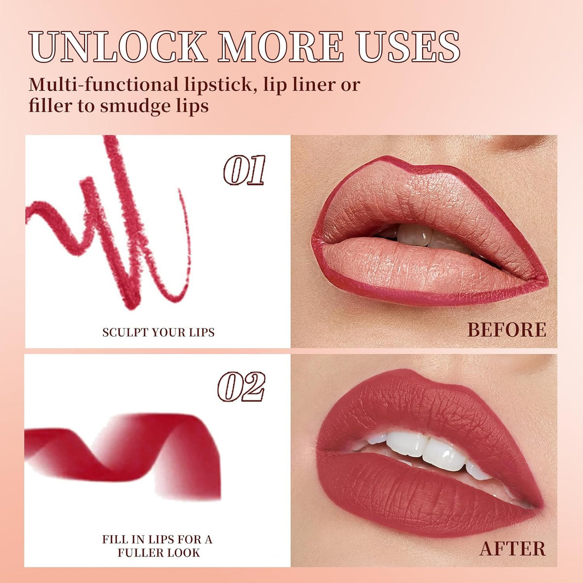 6 Pcs Gradient Lip Liner and Lipstick Combo Set - 2-in-1 Ombre Lipstick & Brown Lip Liner Duo - Waterproof, Long-Lasting, Matte Finish - Smudge-Proof, Full Coverage Lip Kit for Fuller & Plumper Lips