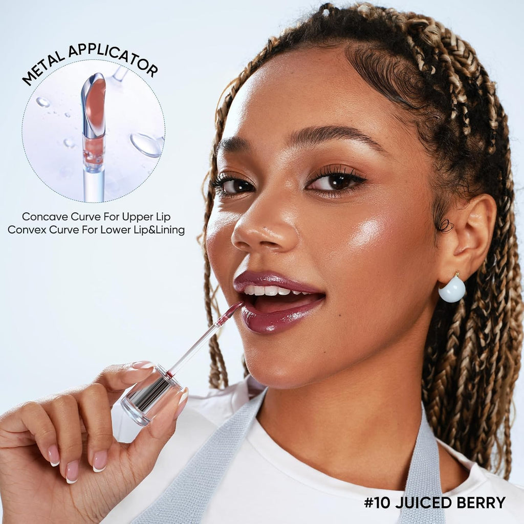 JUDYDOLL Ice Watery Lip Gloss, Moisturizing Liquid Lipstick with Hyaluronic Acid & Collagen,Long-lasting Mirror Lip Glazes with Iron Applicator(#10 Juiced Berry)