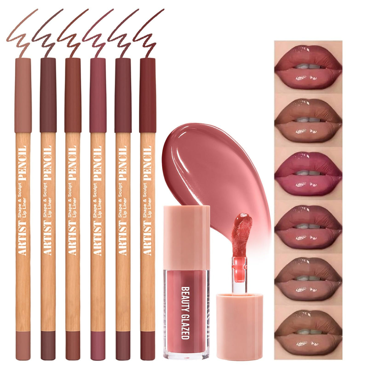 Nude Pink－Rosy Lip Liner Set with Glossy Lip Glaze, Lip Combo Kit with Natural Shades, Matte Lip Liner Pencil, High Pigment, Waterproof, Long Lasting, Moisturizing, Smooth for Lip Contouring