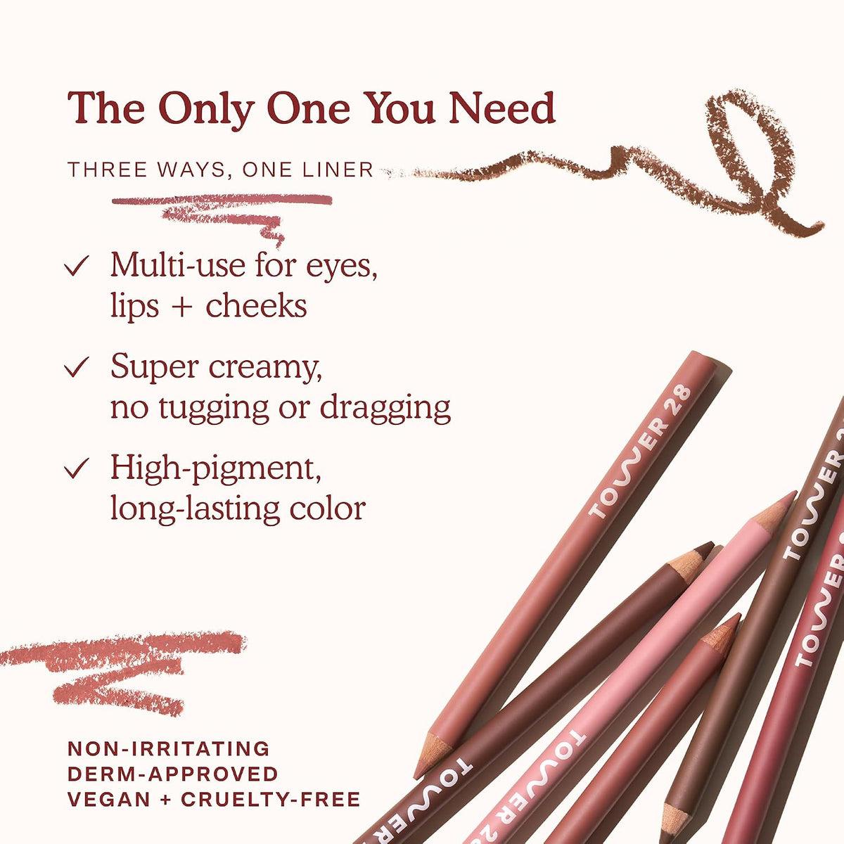 Tower 28 OneLiner - Multi-Use Creamy Lip Liner, Eyeliner & Face Makeup Pencil for Sensitive Skin - Hydrating, Vegan Formula with Shea Butter - Matte, Long-Lasting Finish - Warm Rose (1 Count)