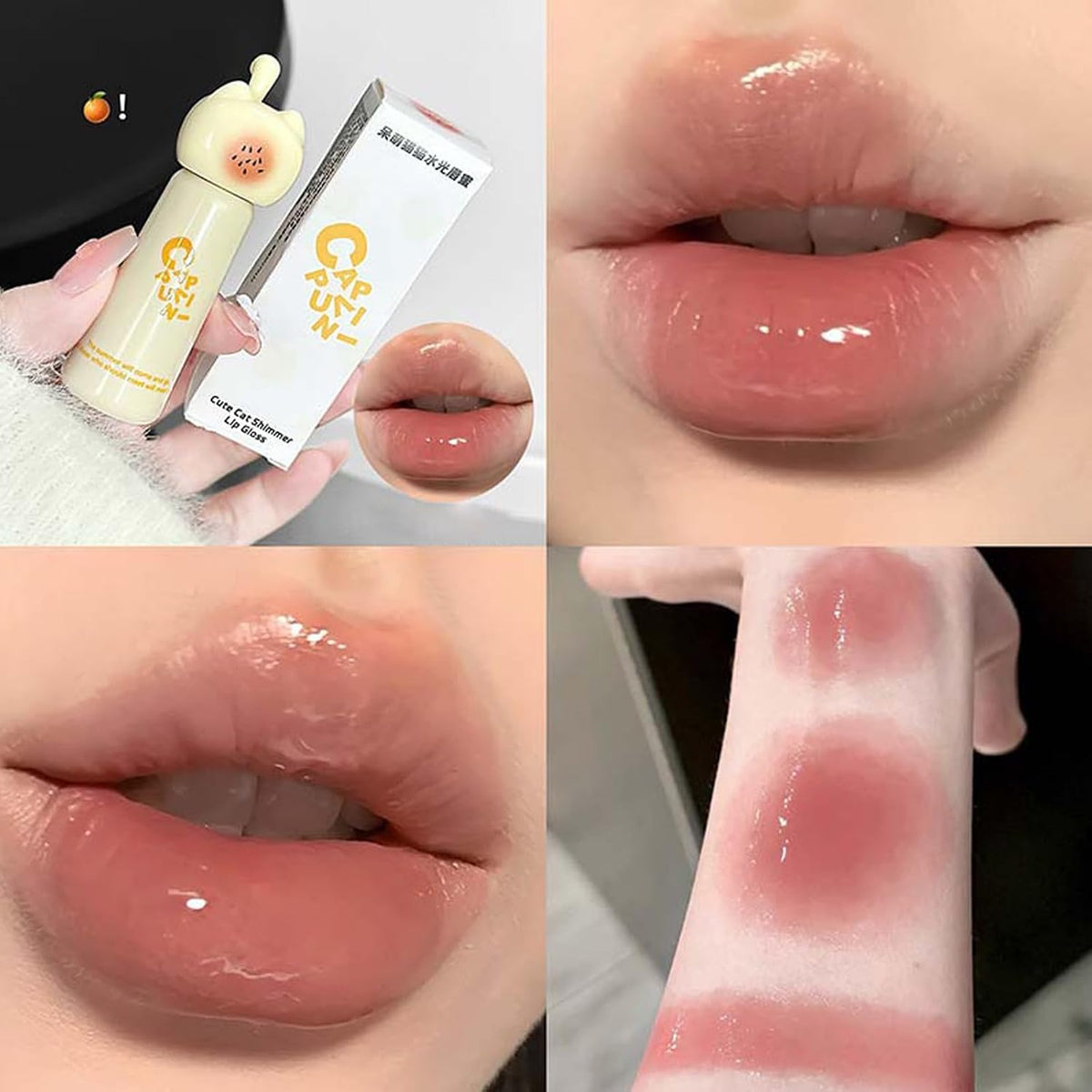 4PCS Cute Cat Jelly Lip Glaze Plumping Lip Gloss, Korean Lip Stain Long Lasting, Non-Sticky, Lip Tint Hydrating Natural Lipstick for Women
