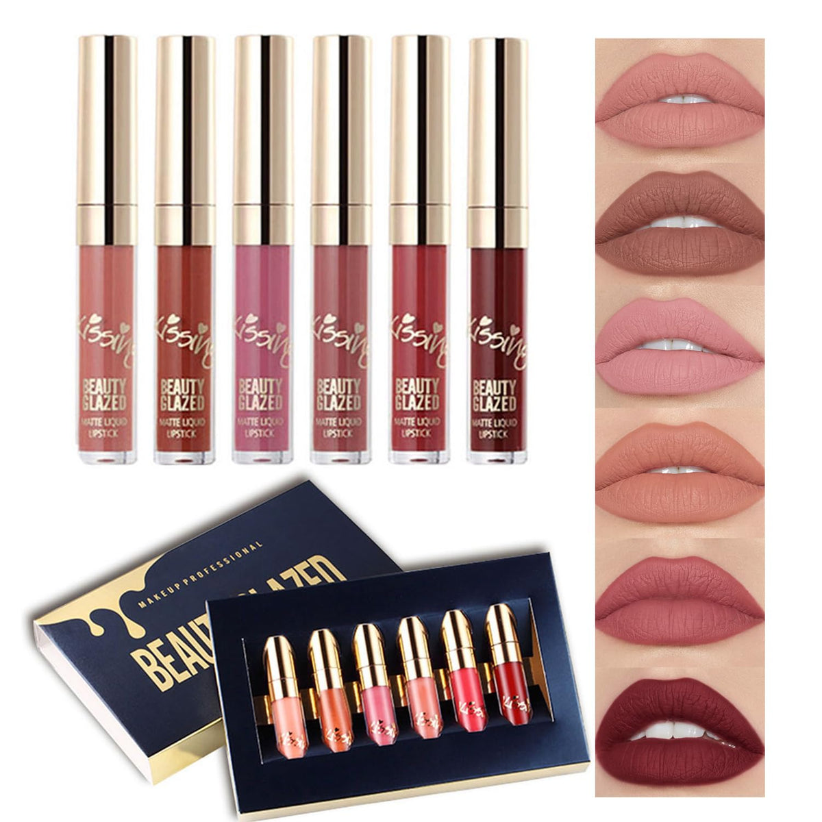 6Pcs Matte Liquid Lipstick Set, Waterproof Non Stick Cup Lip Gloss (Set A)