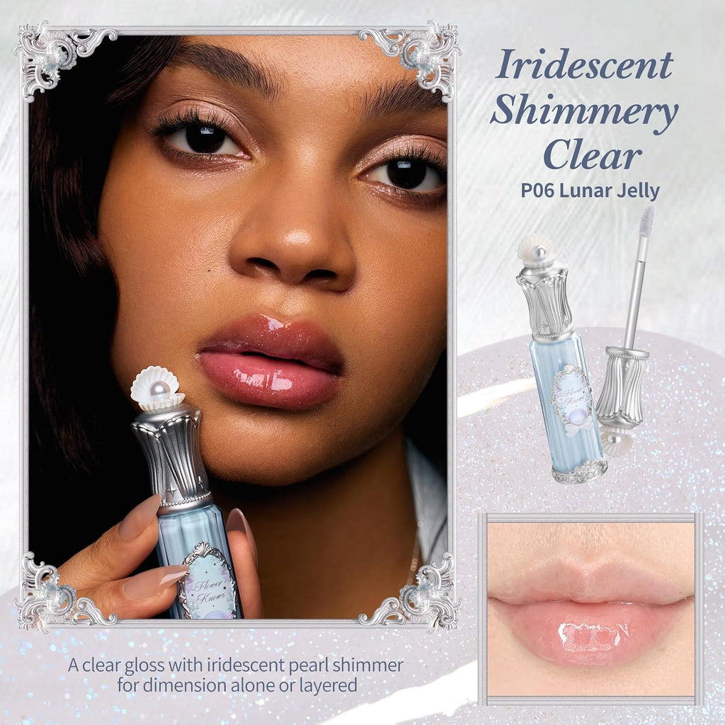 Flower Knows Shell's Jewel Nourishing Lip Glaze, Iridescent Shimmery Clear