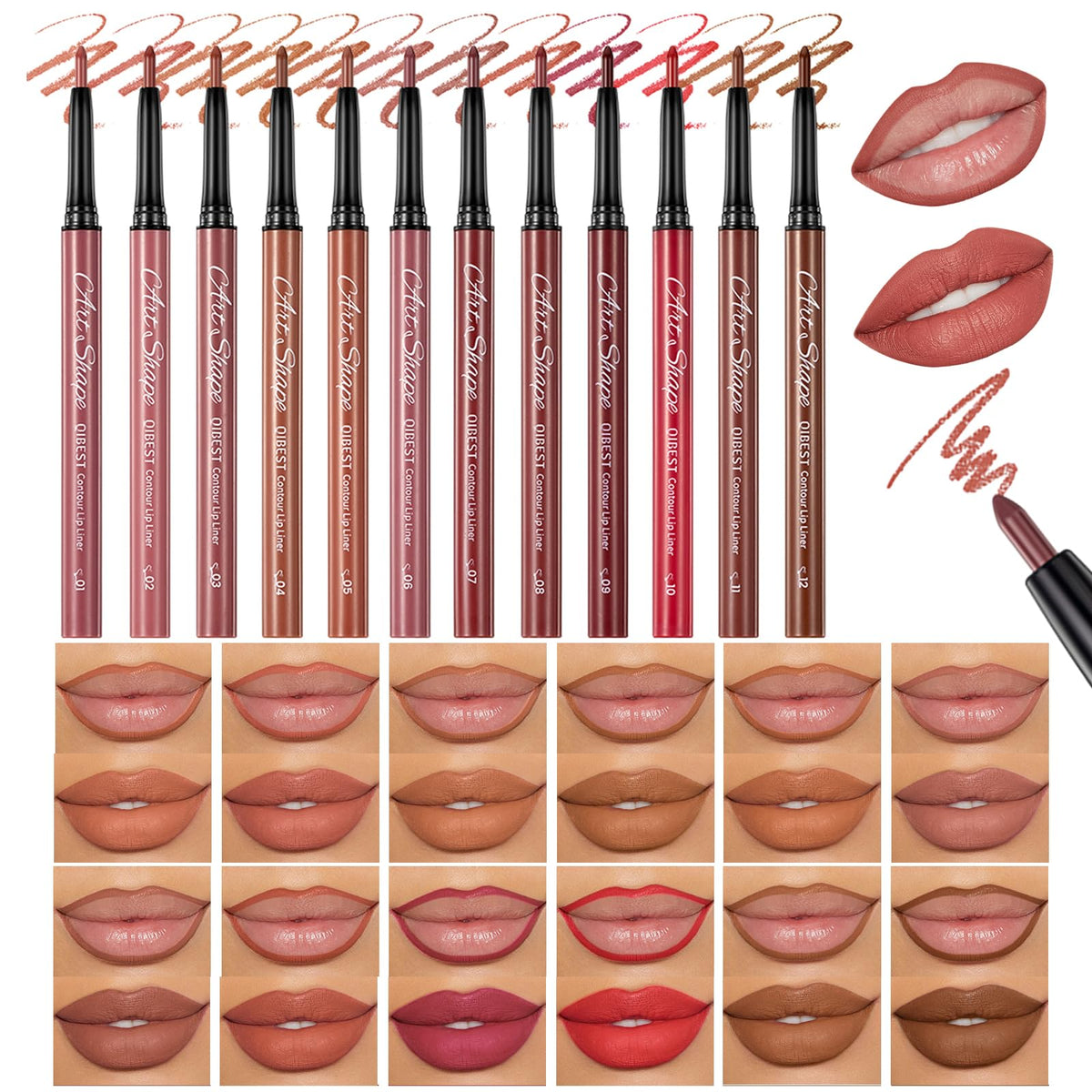 QiBest 12Pcs Creamy Lipstick Lip Liner Set, Pigmented Liner Pencils with Fine Tip for Shaping & Sculpting Lips, Matte Lipliner Lipsticvks Pack Makeup Gift Kit for Women & Girls, Long Lasting for 24hrs